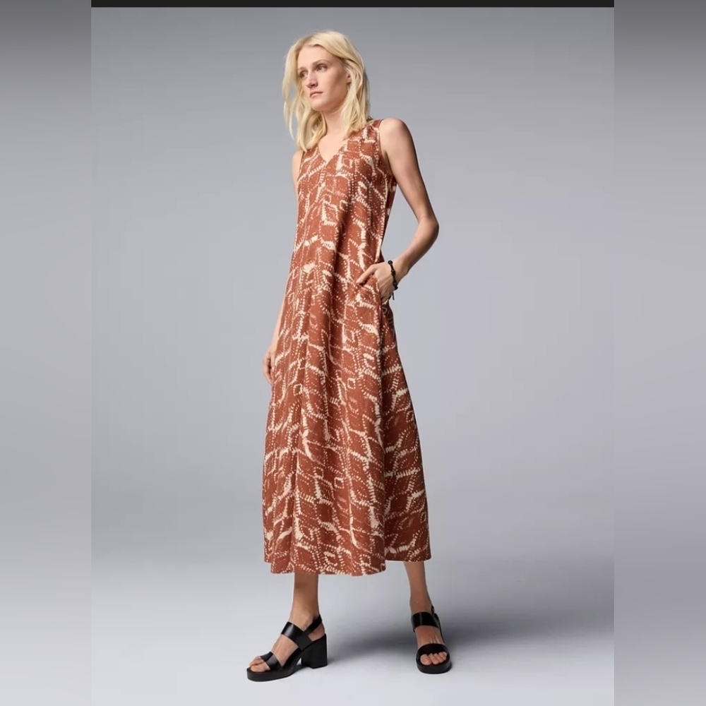 Simply Vera Rust and Cream Linen Blend Sleeveless Maxi Dress Size L New